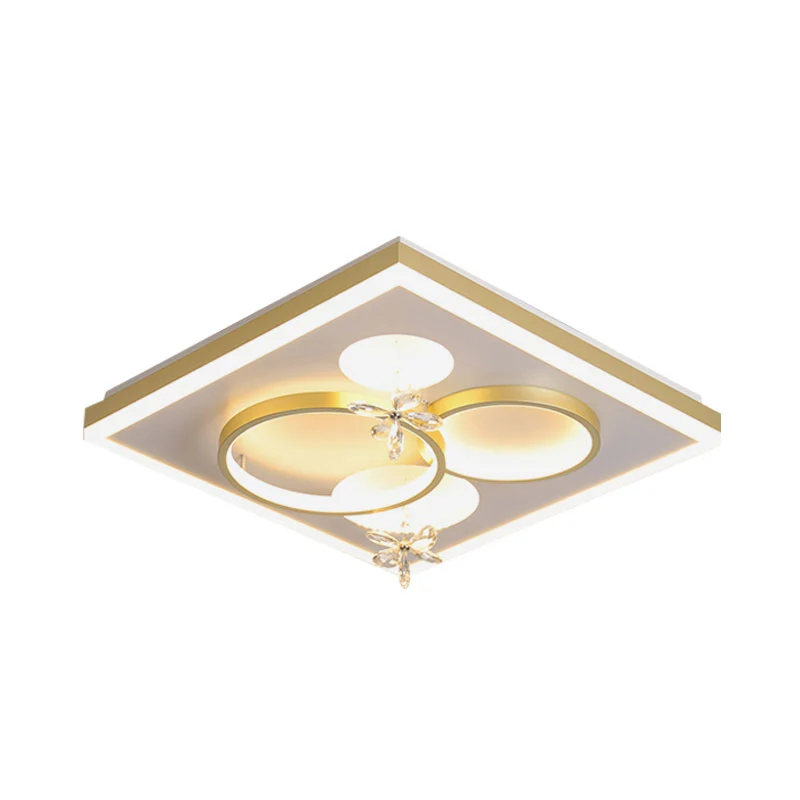Plafonnier carré en métal, luminaire moderne à LED doré avec décor en cristal de fleur Clearhalo