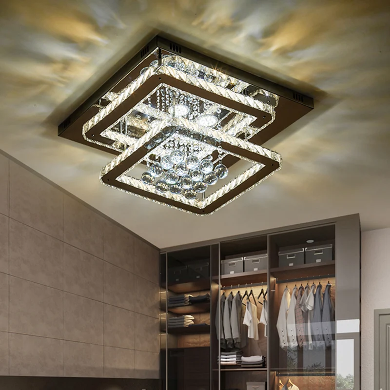 Plafonnier carré à 2 niveaux pour chambre à coucher, bloc de cristal LED, semi-encastré contemporain en chrome Clearhalo
