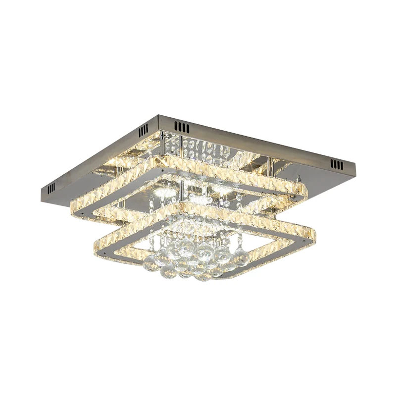 Plafonnier carré à 2 niveaux pour chambre à coucher, bloc de cristal LED, semi-encastré contemporain en chrome Clearhalo