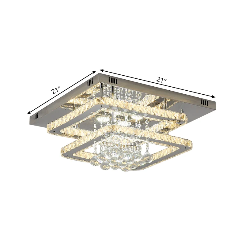 Plafonnier carré à 2 niveaux pour chambre à coucher, bloc de cristal LED, semi-encastré contemporain en chrome Clearhalo