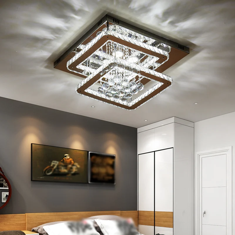 Plafonnier carré à 2 niveaux pour chambre à coucher, bloc de cristal LED, semi-encastré contemporain en chrome Clearhalo