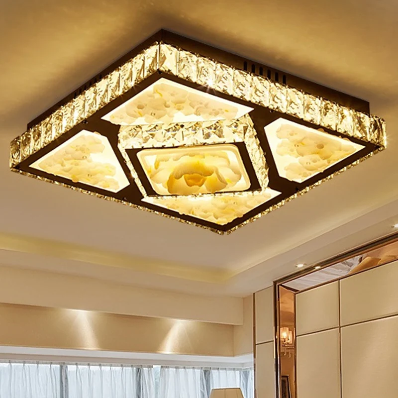 Plafonnier carré pour chambre à coucher, plafonnier LED Simplicity en cristal taillé à la main avec motif Jade Lotus en ch...
