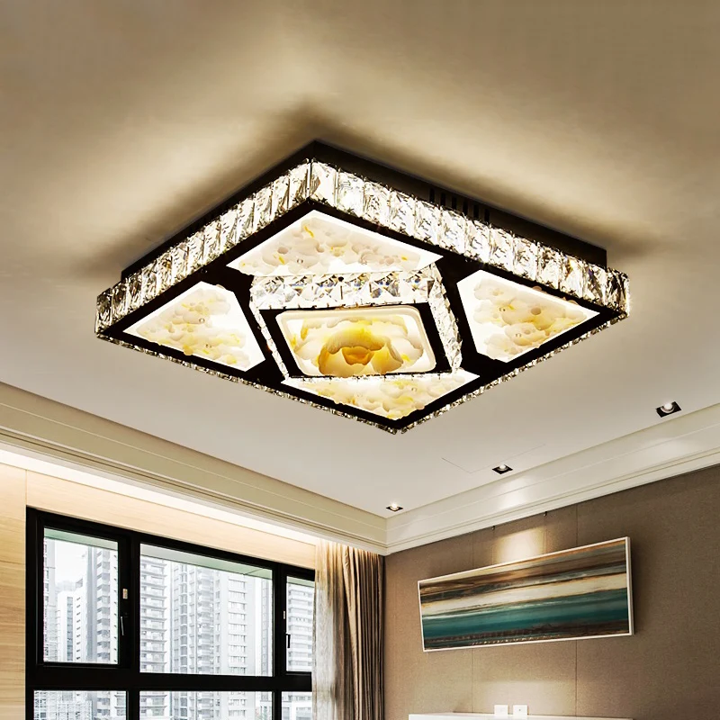 Plafonnier carré pour chambre à coucher, plafonnier LED Simplicity en cristal taillé à la main avec motif Jade Lotus en ch...