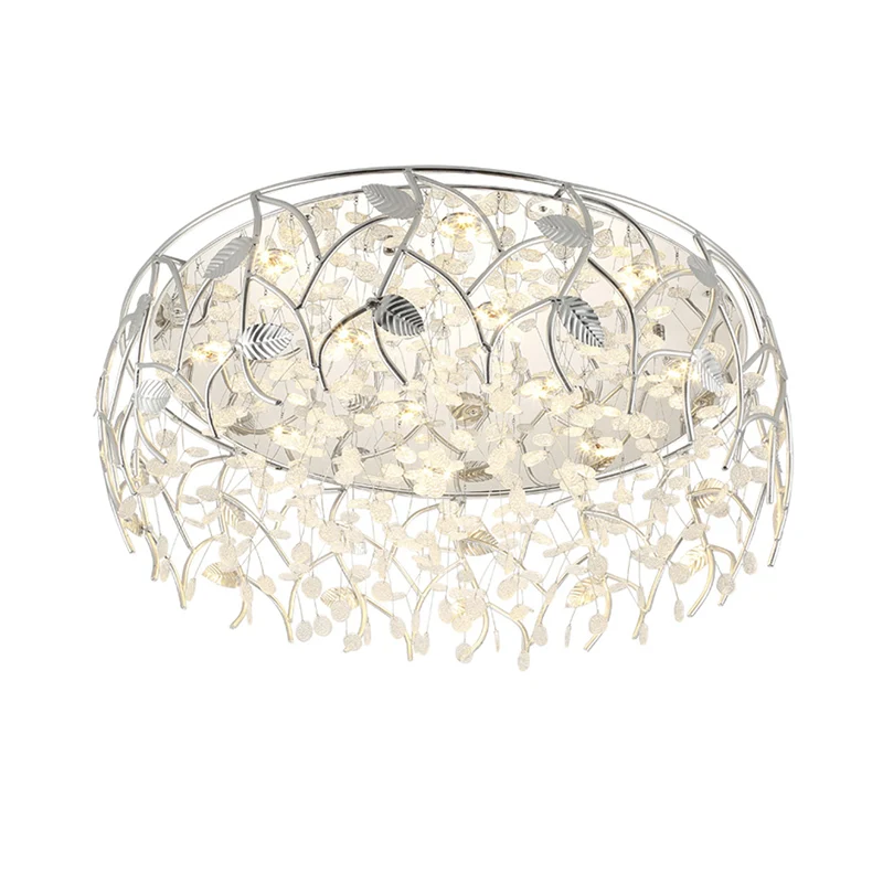 Plafonnier chromé romantique avec feuille et perle de cristal, plafonnier en métal pour chambre à coucher Clearhalo