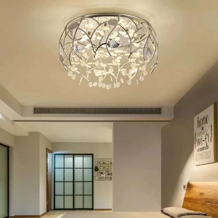 Plafonnier chromé romantique avec feuille et perle de cristal, plafonnier en métal pour chambre à coucher Clearhalo