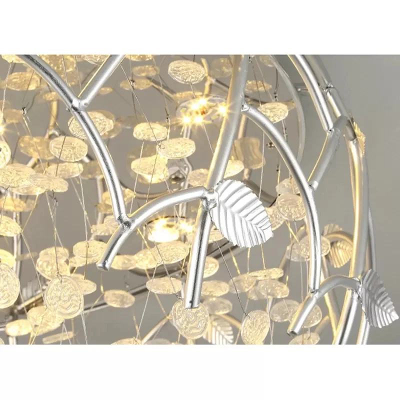 Plafonnier chromé romantique avec feuille et perle de cristal, plafonnier en métal pour chambre à coucher Clearhalo