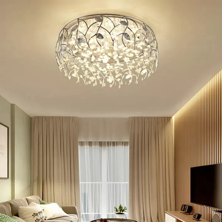 Plafonnier chromé romantique avec feuille et perle de cristal, plafonnier en métal pour chambre à coucher Clearhalo