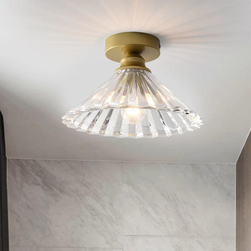 Plafonnier conique traditionnel à tête unique en verre strié transparent, lampe encastrée en laiton Clearhalo