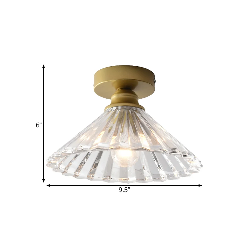 Plafonnier conique traditionnel à tête unique en verre strié transparent, lampe encastrée en laiton Clearhalo