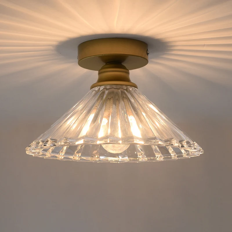 Plafonnier conique traditionnel à tête unique en verre strié transparent, lampe encastrée en laiton Clearhalo