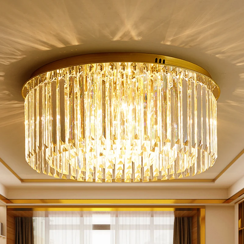 Plafonnier contemporain doré à 6 lumières pour salle à manger avec abat-jour rond en cristal Clearhalo