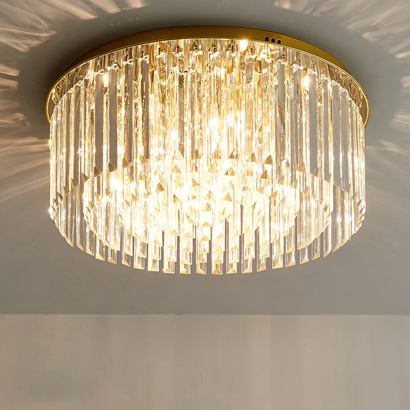 Plafonnier contemporain doré à 6 lumières pour salle à manger avec abat-jour rond en cristal Clearhalo