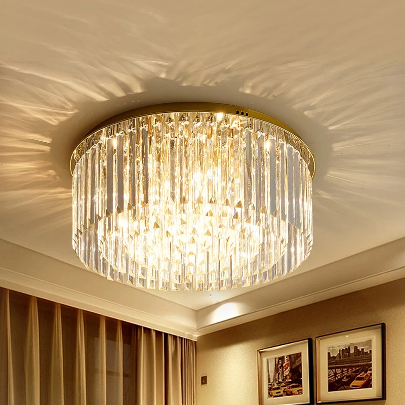 Plafonnier contemporain doré à 6 lumières pour salle à manger avec abat-jour rond en cristal Clearhalo