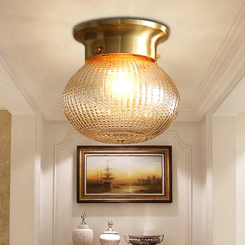 Plafonnier contemporain à 1 lumière avec abat-jour en cristal, plafonnier rond/ovale en laiton Clearhalo