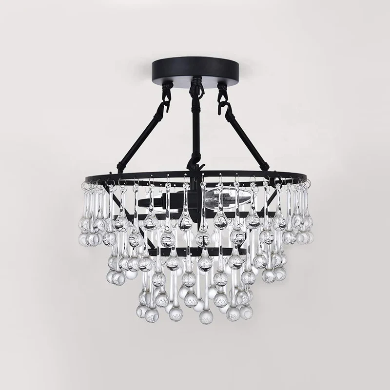 Plafonnier contemporain à 2 lumières avec abat-jour en cristal, lustre semi-affleurant à 3 niveaux noir Clearhalo