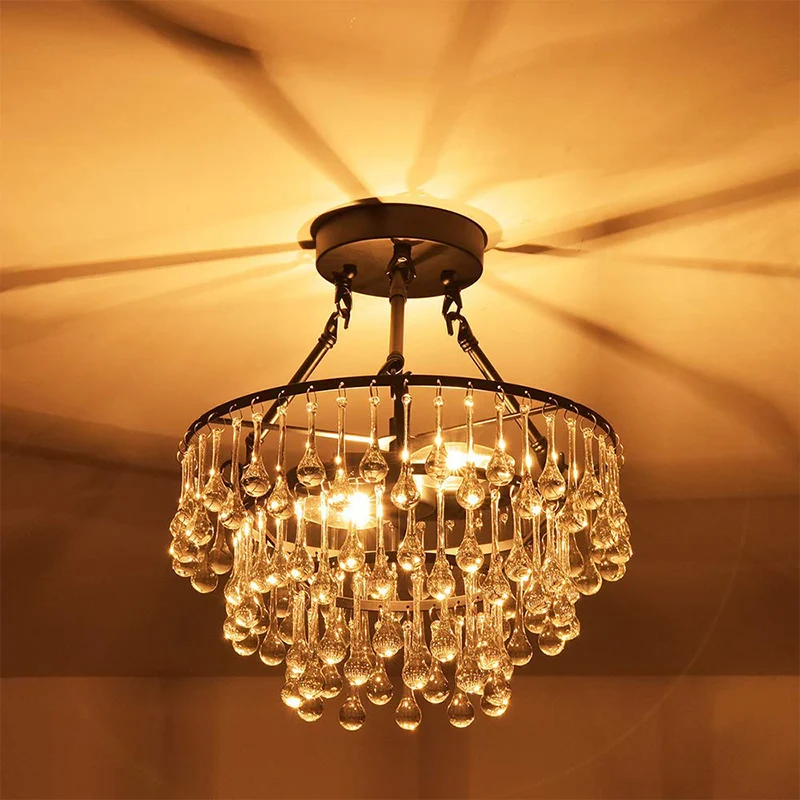 Plafonnier contemporain à 2 lumières avec abat-jour en cristal, lustre semi-affleurant à 3 niveaux noir Clearhalo