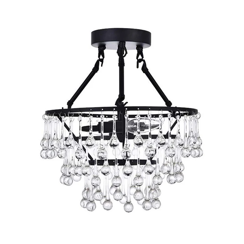 Plafonnier contemporain à 2 lumières avec abat-jour en cristal, lustre semi-affleurant à 3 niveaux noir Clearhalo