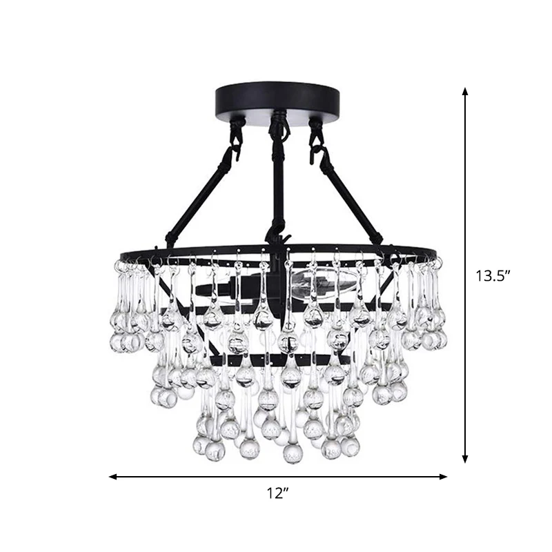 Plafonnier contemporain à 2 lumières avec abat-jour en cristal, lustre semi-affleurant à 3 niveaux noir Clearhalo