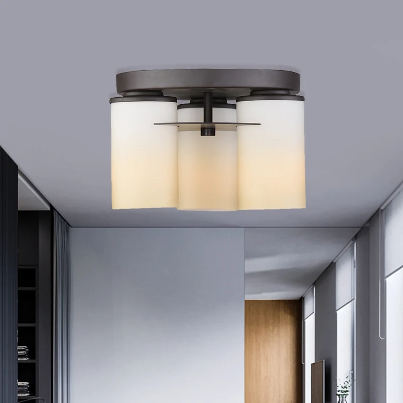 Plafonnier cylindrique de campagne, 3 ampoules, luminaire Semi-encastré en verre blanc pour chambre à coucher Clearhalo