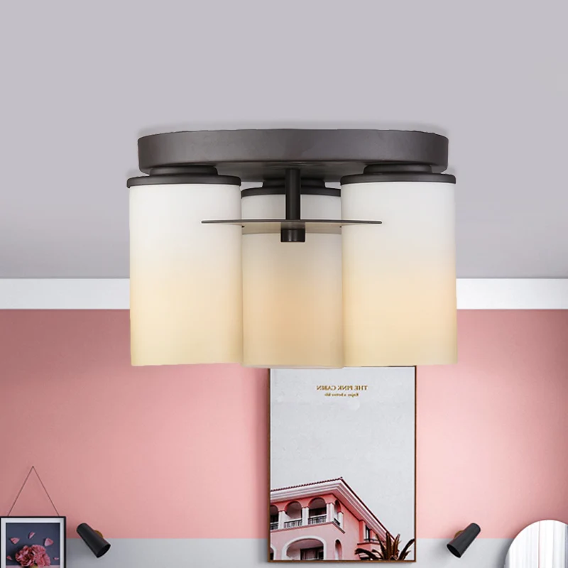 Plafonnier cylindrique de campagne, 3 ampoules, luminaire Semi-encastré en verre blanc pour chambre à coucher Clearhalo