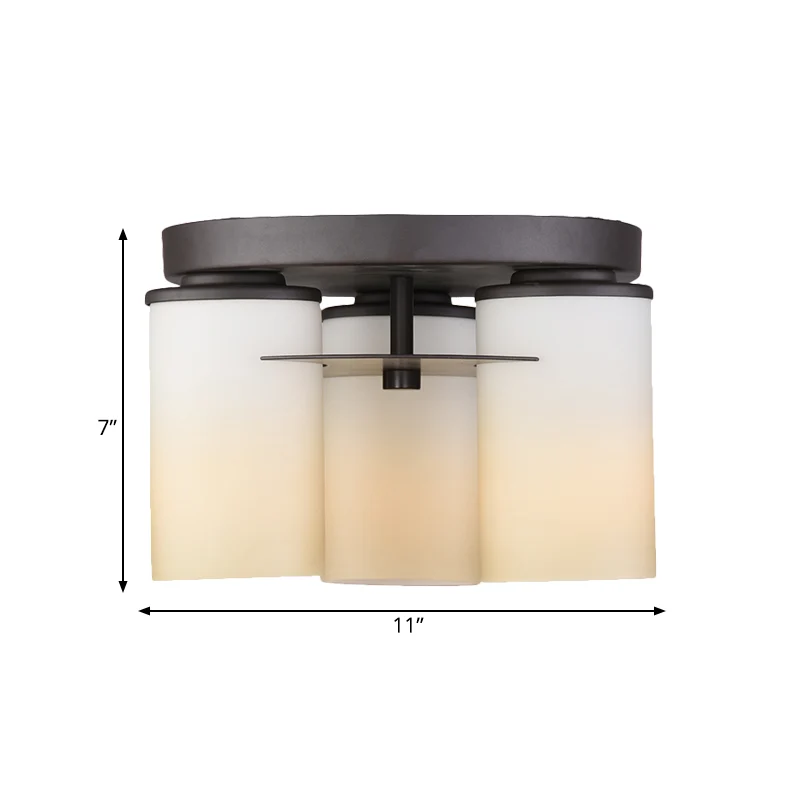 Plafonnier cylindrique de campagne, 3 ampoules, luminaire Semi-encastré en verre blanc pour chambre à coucher Clearhalo