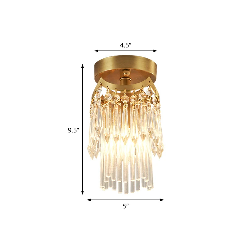 Plafonnier cylindrique en laiton moderne, 1 lumière, montage Semi-encastré en cristal pour couloir Clearhalo