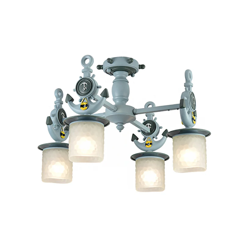 Plafonnier cylindrique moderniste en verre givré à fossettes, 4 ampoules, semi-affleurant avec motif d'ancre en bleu Clear...