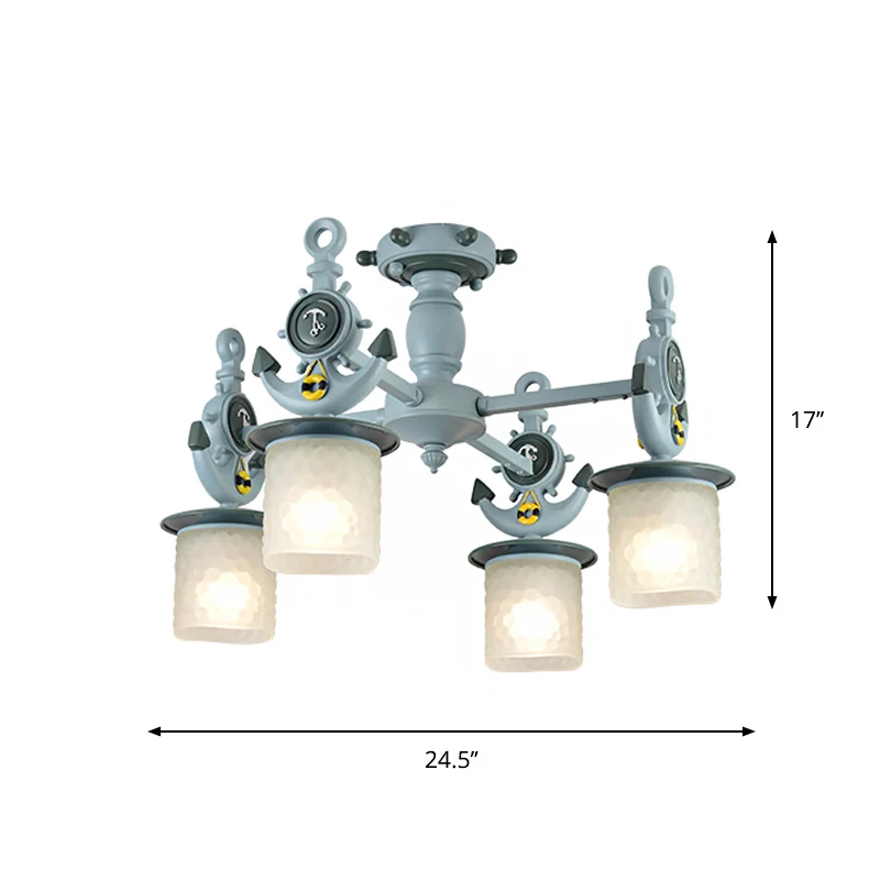 Plafonnier cylindrique moderniste en verre givré à fossettes, 4 ampoules, semi-affleurant avec motif d'ancre en bleu Clear...