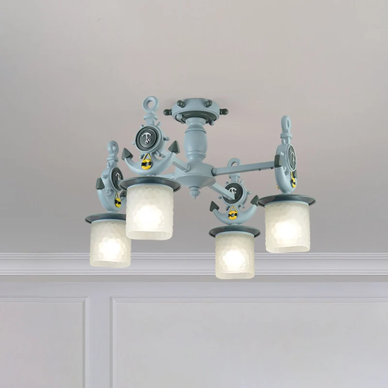 Plafonnier cylindrique moderniste en verre givré à fossettes, 4 ampoules, semi-affleurant avec motif d'ancre en bleu Clear...