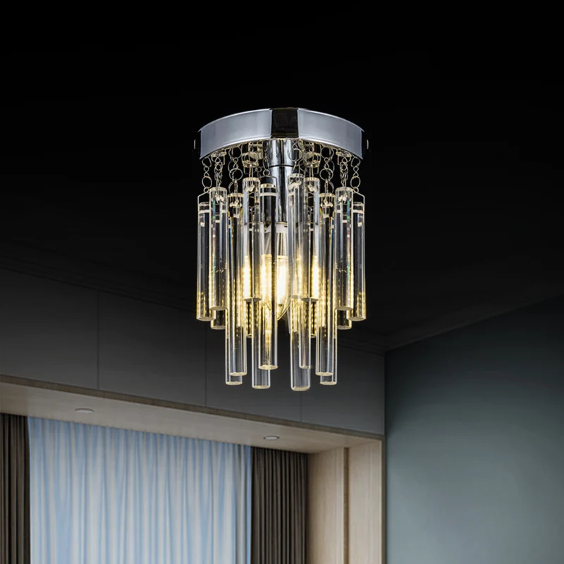 Plafonnier encastré à barre de cristal, rond chromé, ampoule nue, plafonnier Clearhalo