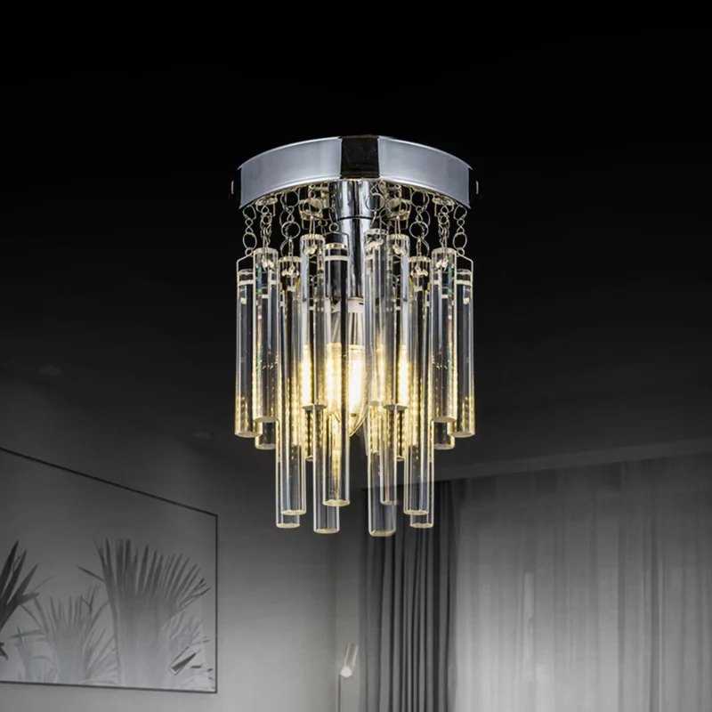 Plafonnier encastré à barre de cristal, rond chromé, ampoule nue, plafonnier Clearhalo