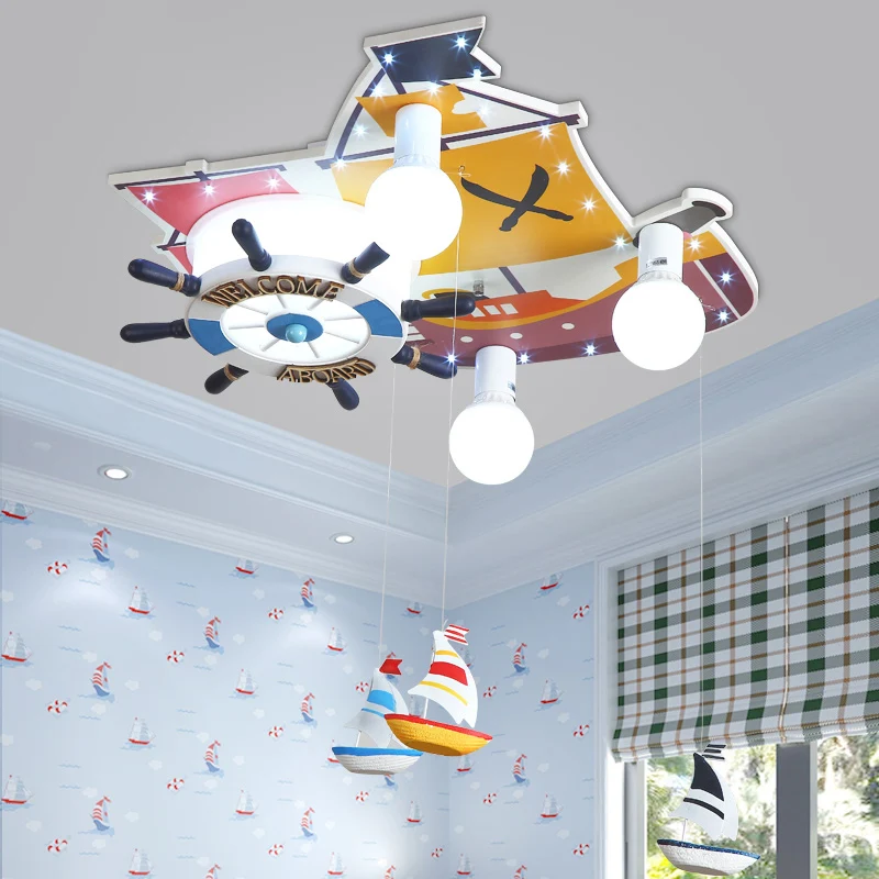Plafonnier encastré en bois à 3 lumières avec motif de gouvernail de dessin animé, luminaire suspendu pour chambre à couch...
