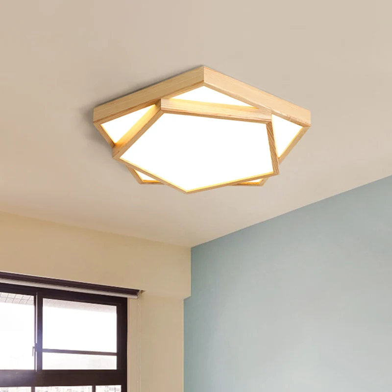 Plafonnier encastré en bois pentagone moderne de 14 "/18"/21.5 "de large, luminaire suspendu à 1 lumière LED en lumière ch...