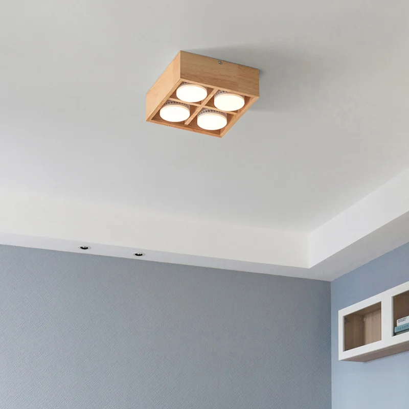 Plafonnier encastré carré luminaire contemporain en bois pour couloir LED Clearhalo