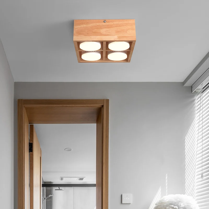 Plafonnier encastré carré luminaire contemporain en bois pour couloir LED Clearhalo