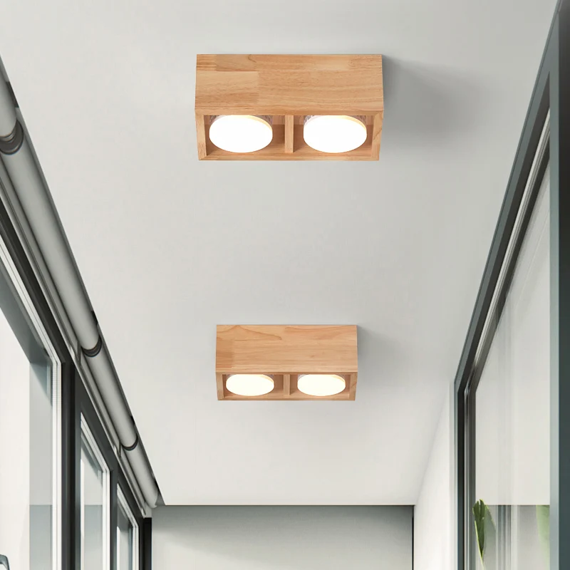 Plafonnier encastré carré luminaire contemporain en bois pour couloir LED Clearhalo