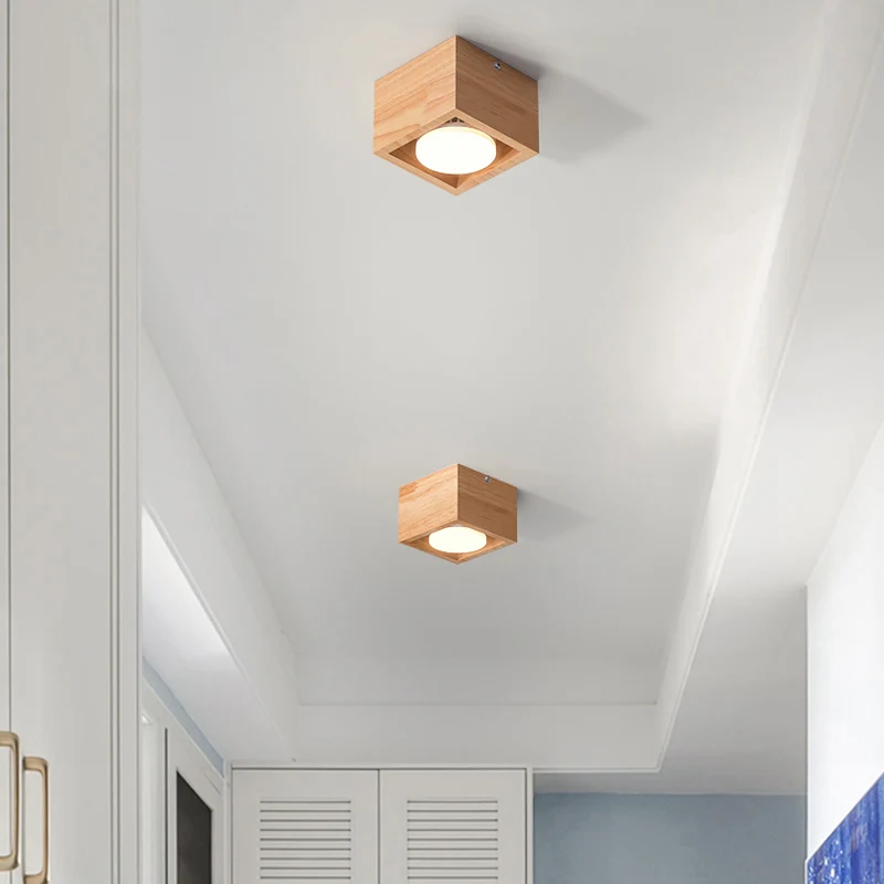 Plafonnier encastré carré luminaire contemporain en bois pour couloir LED Clearhalo