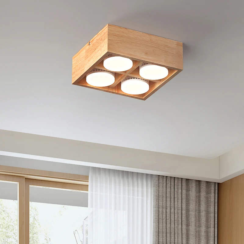 Plafonnier encastré carré luminaire contemporain en bois pour couloir LED Clearhalo