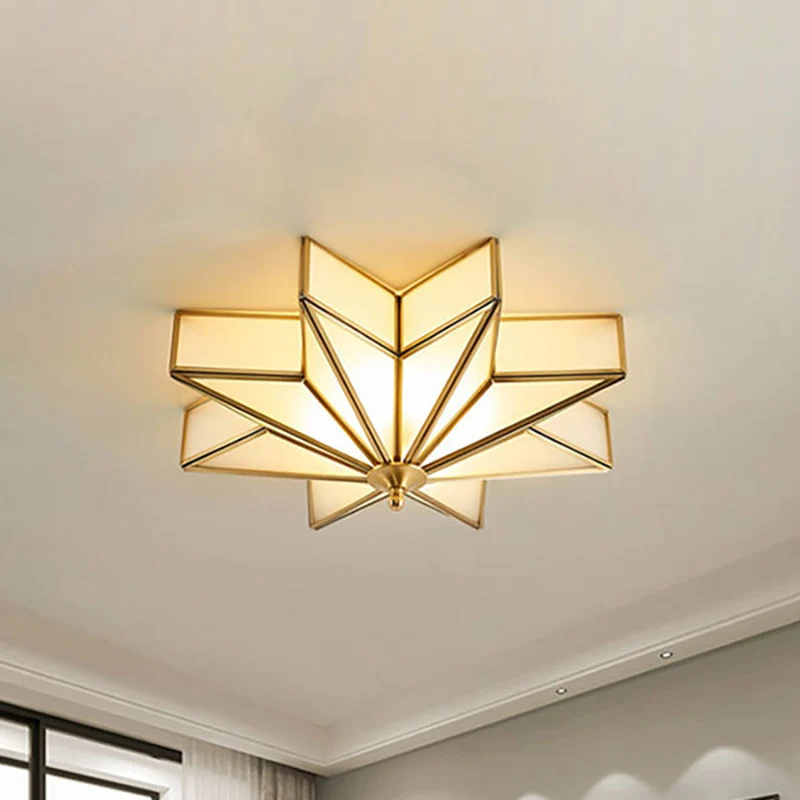 Plafonnier encastré en forme d'étoile en laiton, plafonnier classique en verre givré biseauté à 4 lumières pour le salon C...