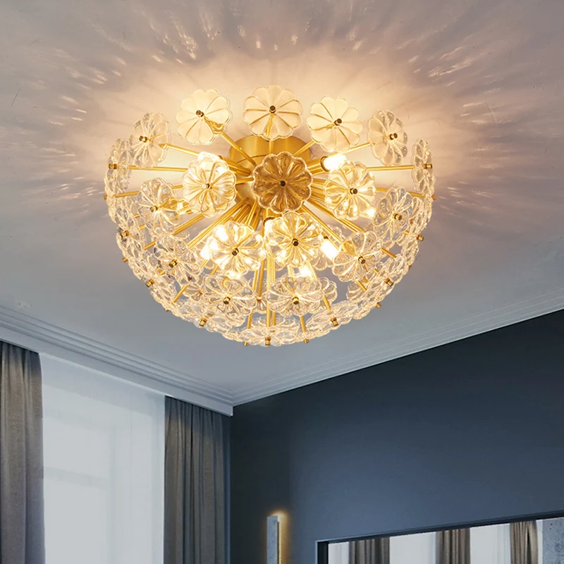 Plafonnier encastré moderne en forme de dôme en forme de fleur de cristal pour salon en laiton Clearhalo