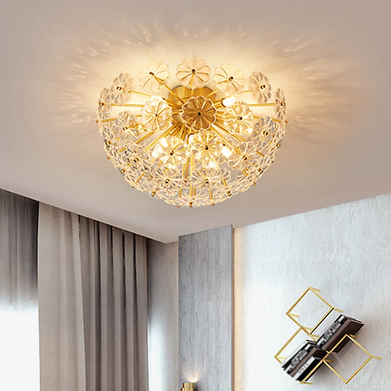 Plafonnier encastré moderne en forme de dôme en forme de fleur de cristal pour salon en laiton Clearhalo