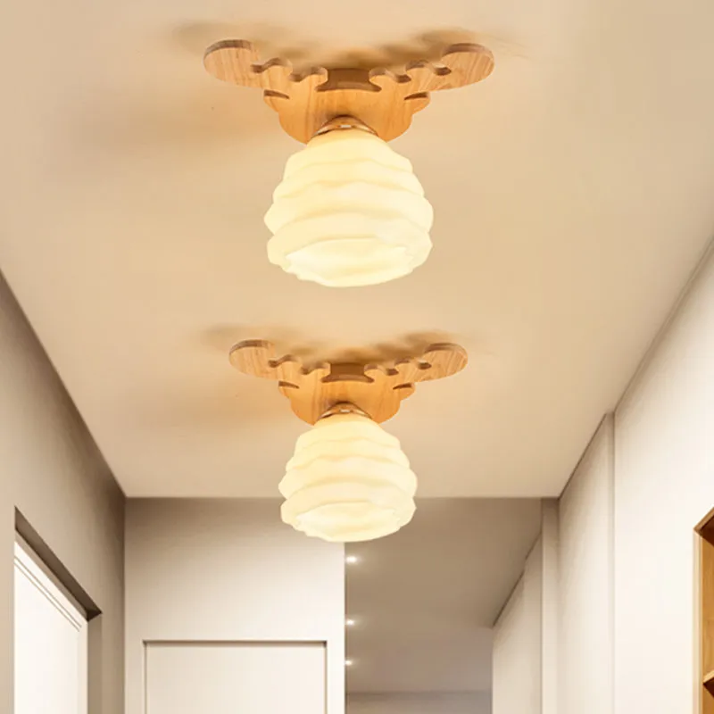 Plafonnier encastré en nid d'abeille modernisme en verre blanc à 1 tête avec motif en bois de cerf Clearhalo