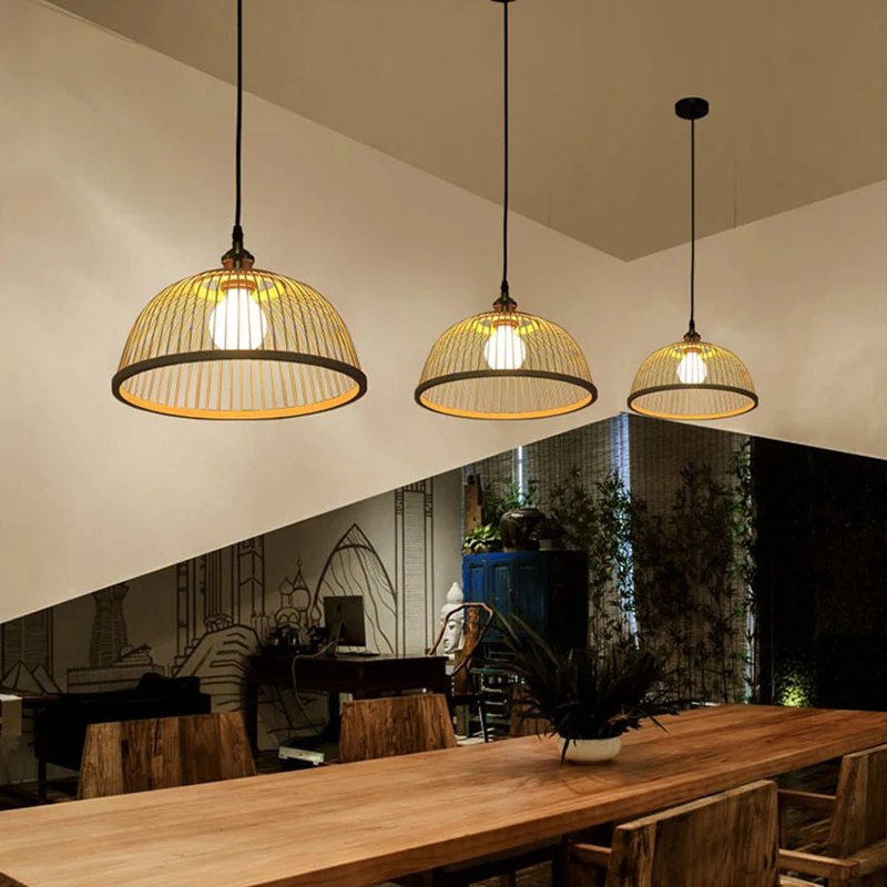 Plafonnier hémisphérique en bambou, lampe suspendue en bois de Style asiatique à 1 ampoule pour Restaurant Clearhalo