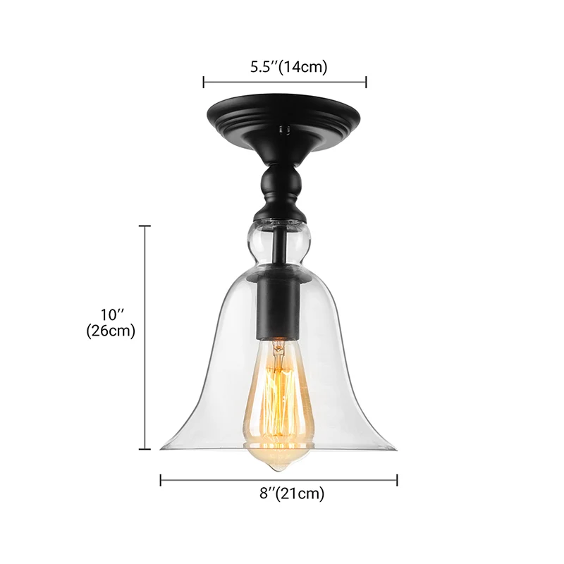 Plafonnier industriel à une ampoule, abat-jour évasé, semi-encastré en verre transparent, noir Clearhalo