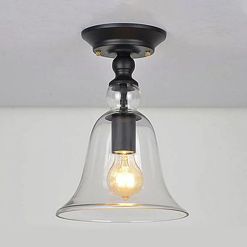 Plafonnier industriel à une ampoule, abat-jour évasé, semi-encastré en verre transparent, noir Clearhalo