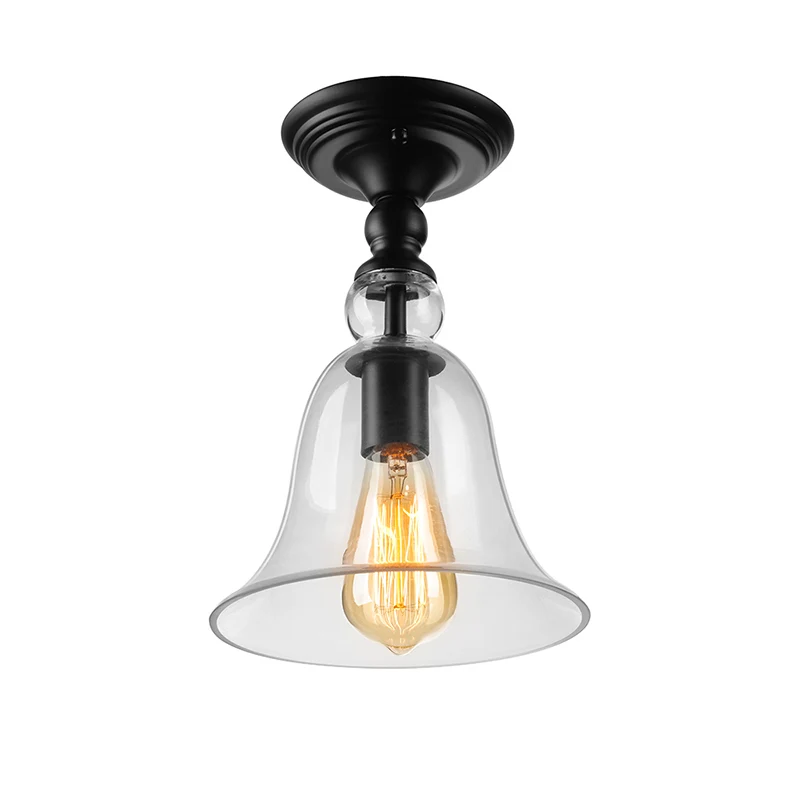 Plafonnier industriel à une ampoule, abat-jour évasé, semi-encastré en verre transparent, noir Clearhalo