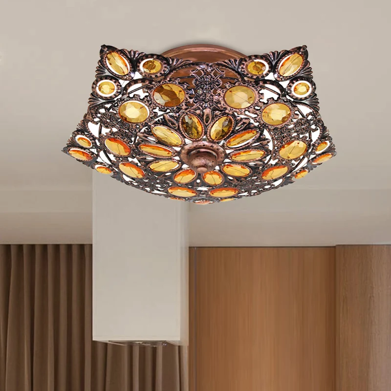 Plafonnier en laiton avec abat-jour en métal, éclairage creux à 3 têtes, support de plafond bohème pour hôtel Clearhalo
