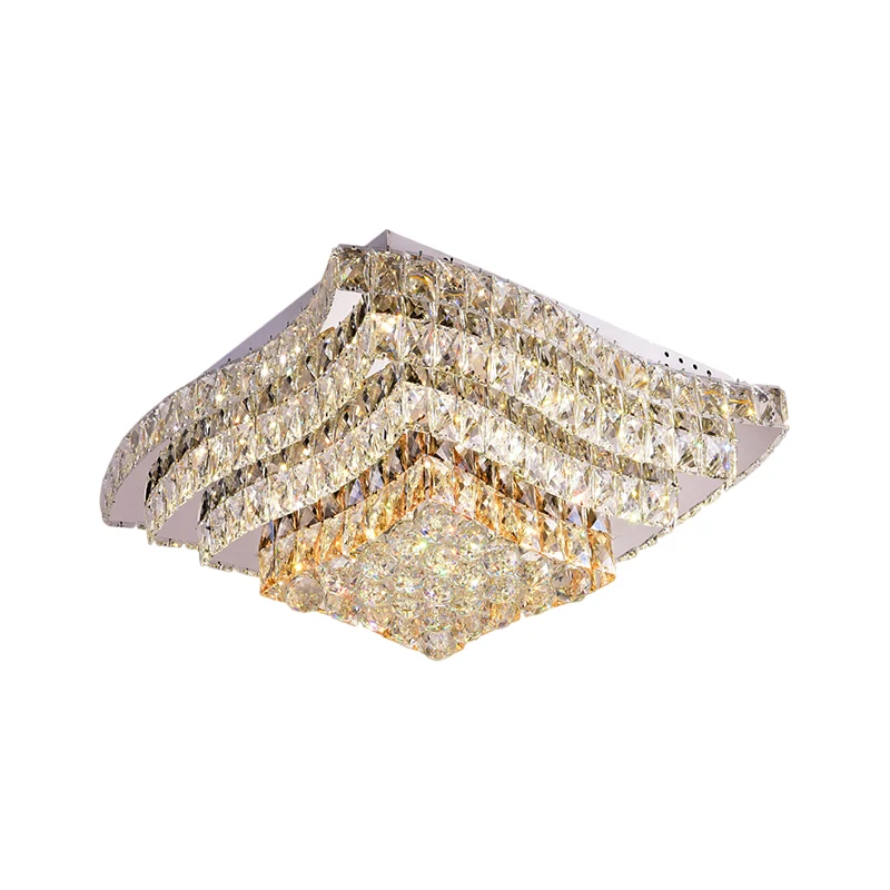 Plafonnier LED en acier inoxydable avec blocs de cristal transparent, montage carré carré ondulé, luminaire de plafond mod...