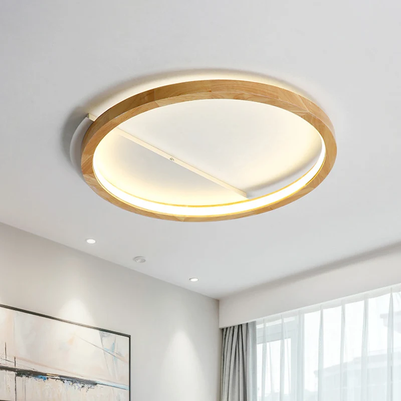 Plafonnier LED beige contemporain avec anneau en bois, largeur 13"/17"/21" Clearhalo