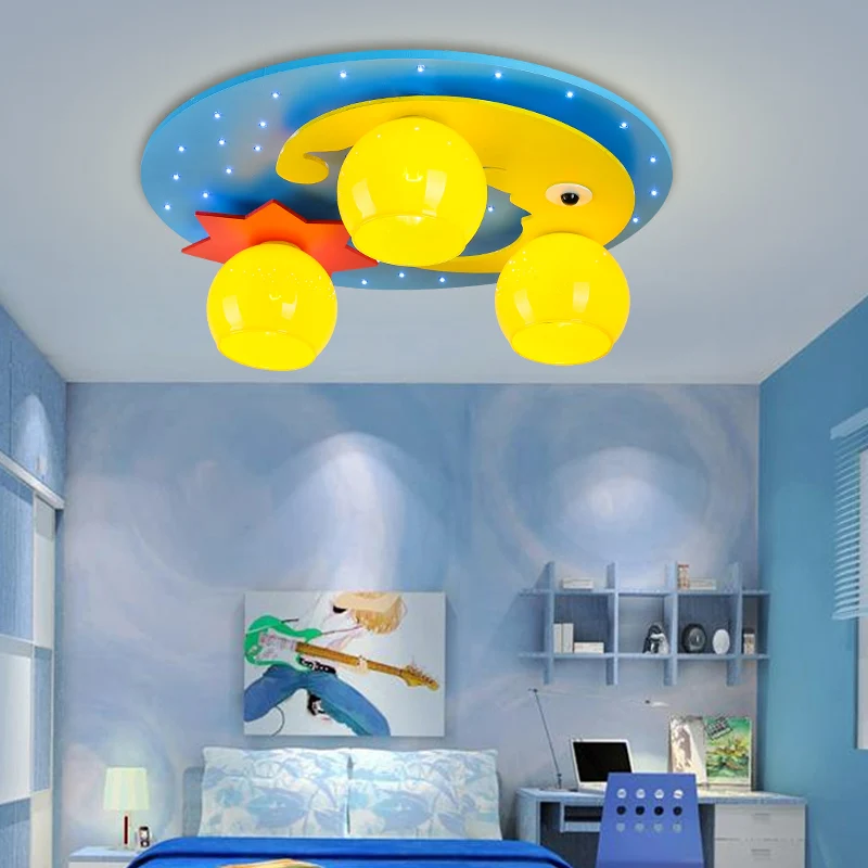 Plafonnier LED en bois avec vue nocturne, plafonnier de dessin animé pour chambre d'enfant, bleu Clearhalo